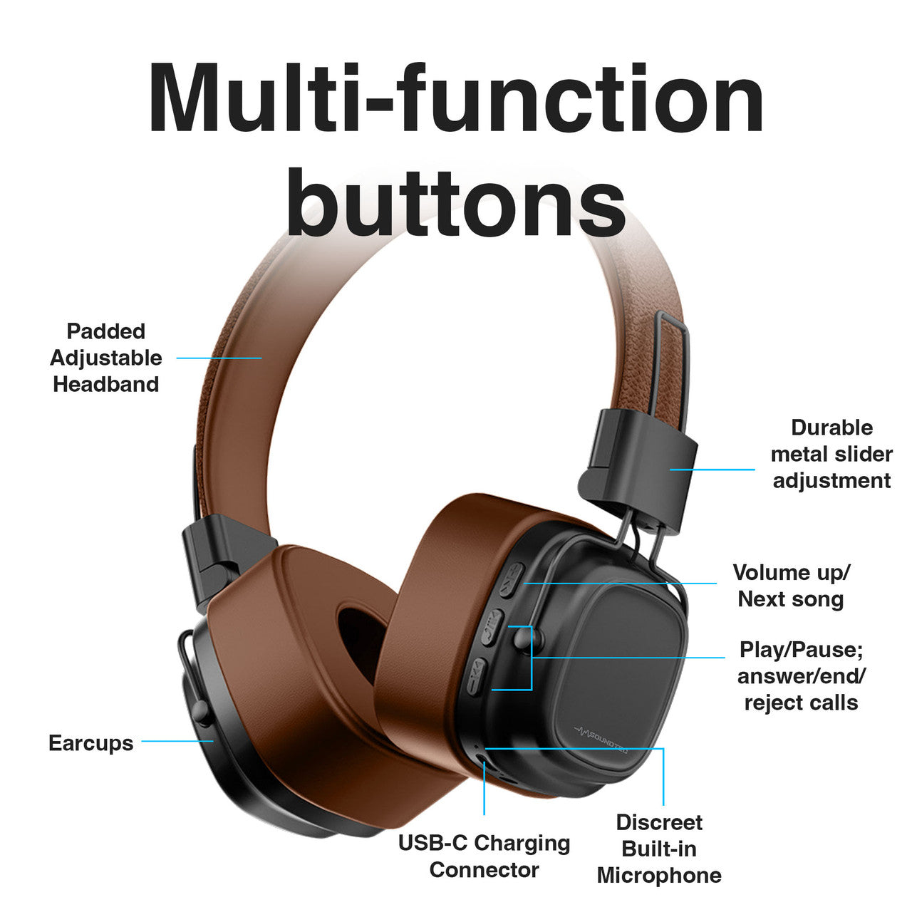 Soundtec Wireless On-Ear Headphones Brown 10