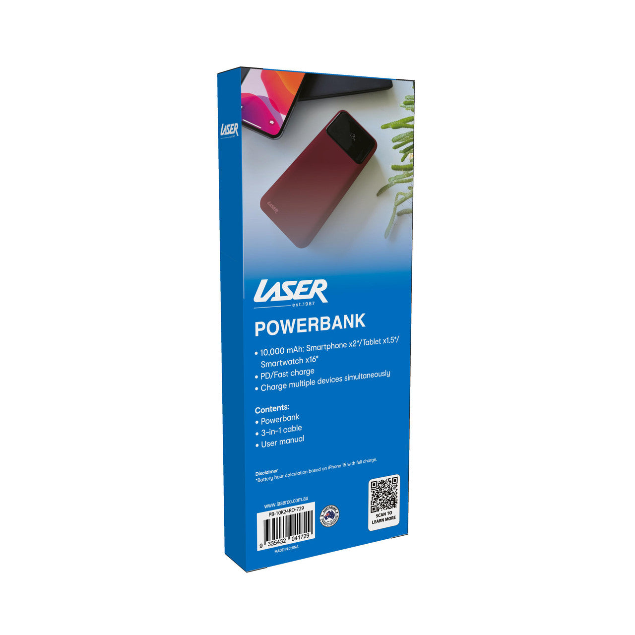Laser 10000mAh Powerbank 18W PD with LED Indicator Red 9