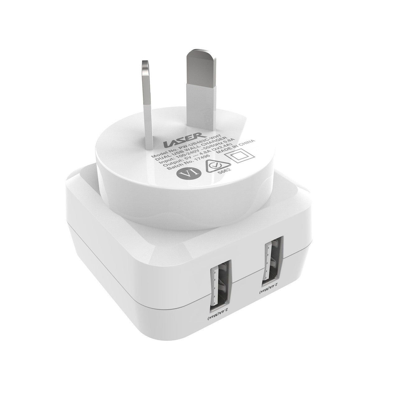 Laser Dual USB AC Charger 2.4A with 3-in-1 Cable White 5