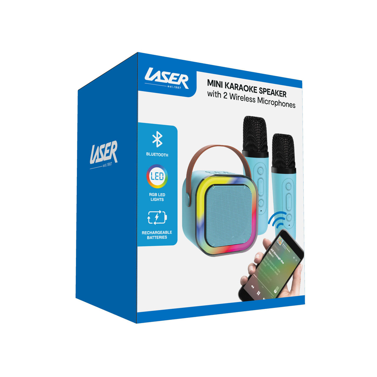 Laser Mini Karaoke Speaker with 2 Wireless Mics - Blue 11