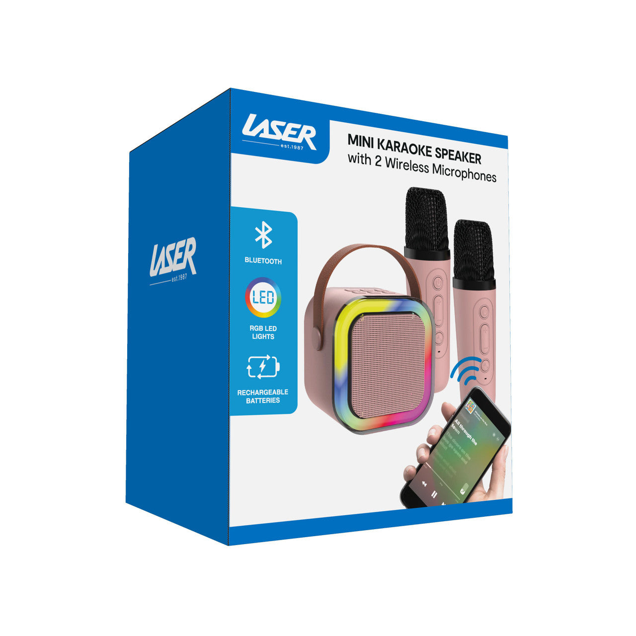 Laser Mini Karaoke Speaker with 2 Wireless Mics - Pink 12