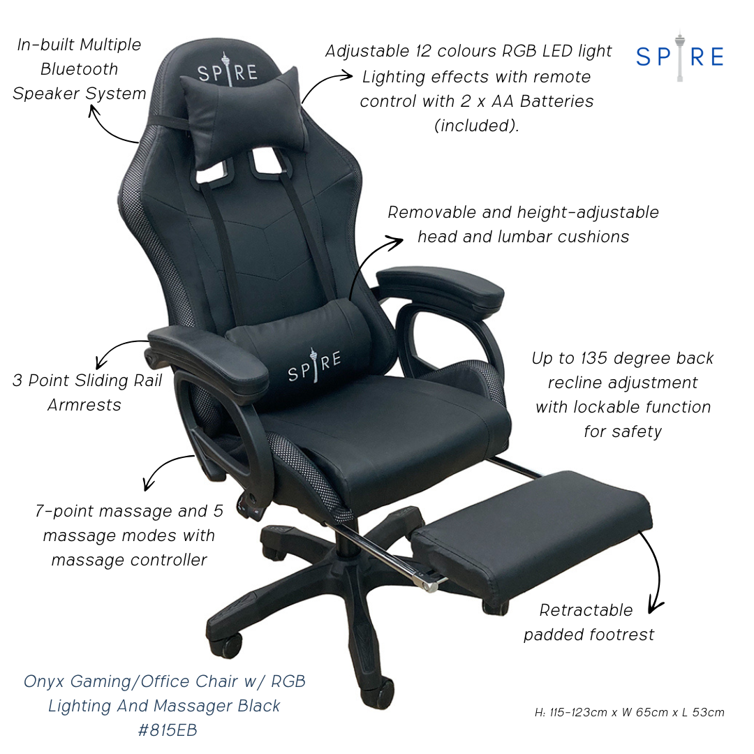 Spire Onyx Gaming/Office Chair w/ RGB Lighting And Massager Black 815EB 6