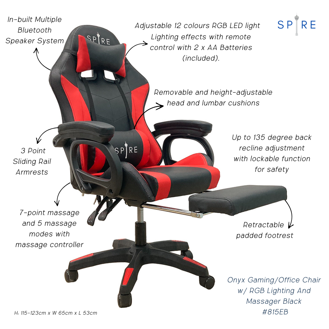 Spire Onyx Gaming/Office Chair w/ RGB Lighting And Massager Red And Black - 815ER 5