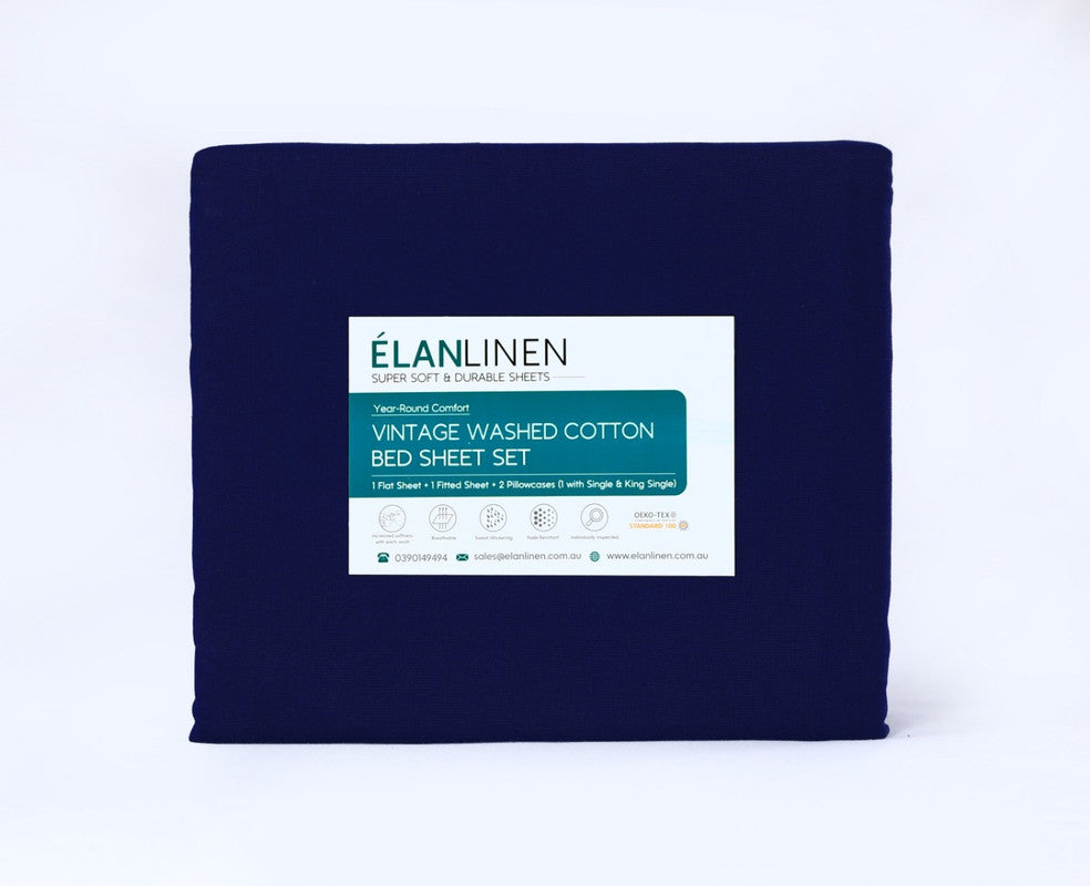 Elan Linen 100% Egyptian Cotton Vintage Washed 500TC Navy Blue 50 cm Deep Mega Queen Bed Sheets Set 5