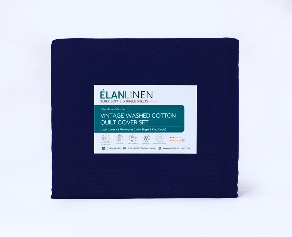 Elan Linen 100% Egyptian Cotton Vintage Washed 500TC Navy Blue 50 cm Deep Mega Queen Bed Sheets Set 6