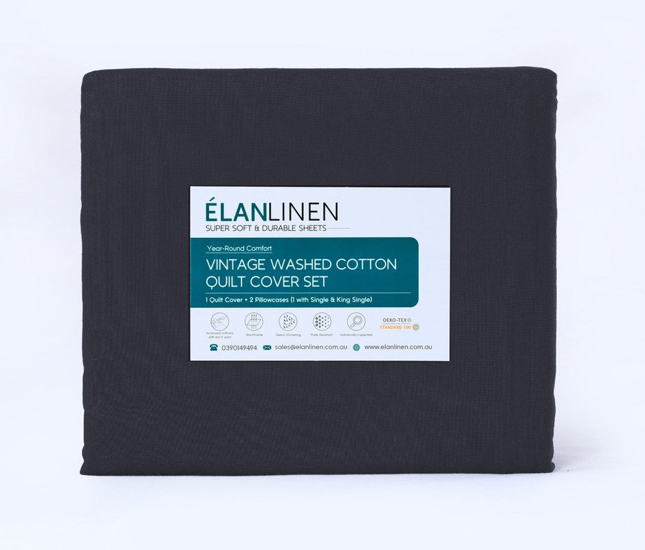 Elan Linen 100% Egyptian Cotton Vintage Washed 500TC Charcoal Single Bed Sheets Set 7