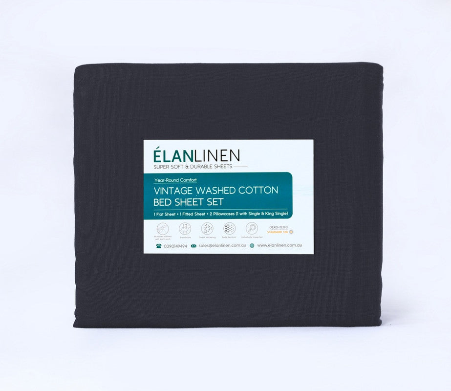 Elan Linen 100% Egyptian Cotton Vintage Washed 500TC Charcoal Single Bed Sheets Set 8