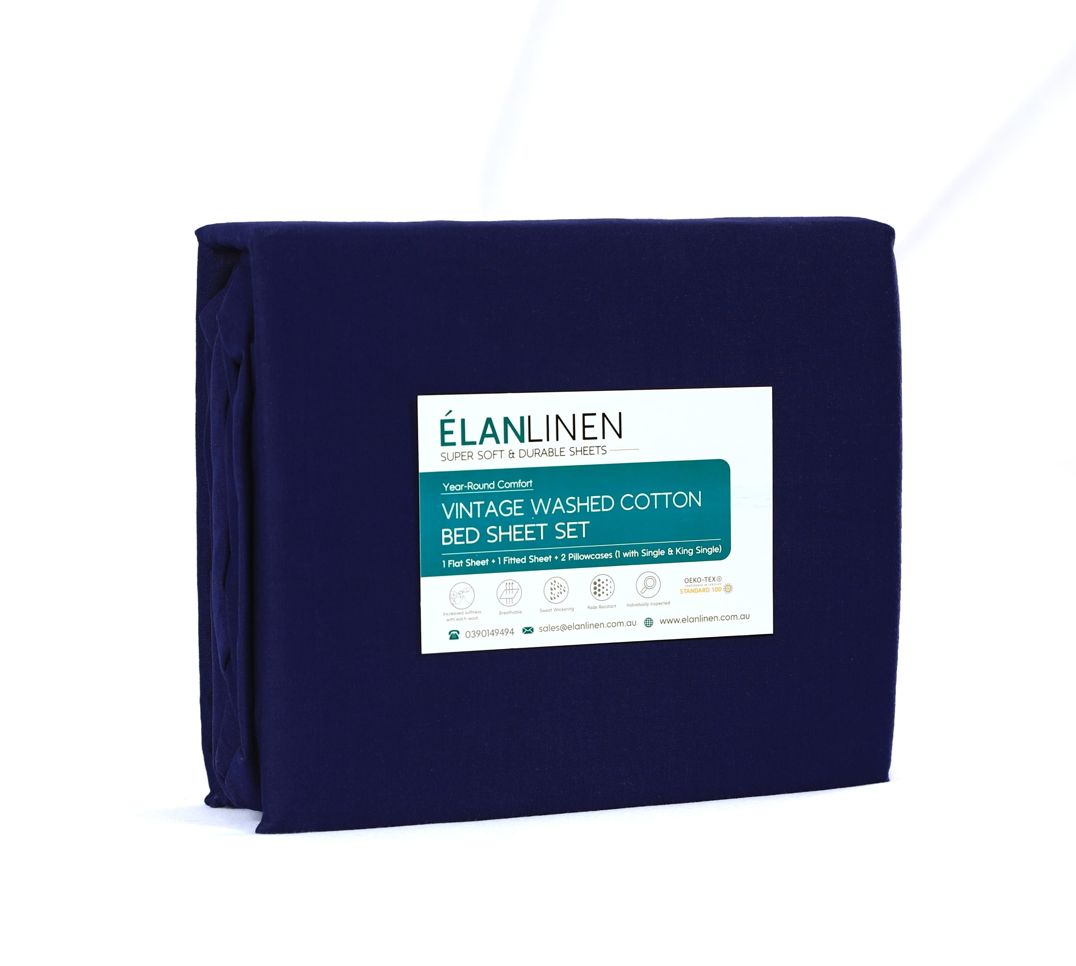 Elan Linen 100% Egyptian Cotton Vintage Washed 500TC Navy Blue Single Bed Sheets Set 4