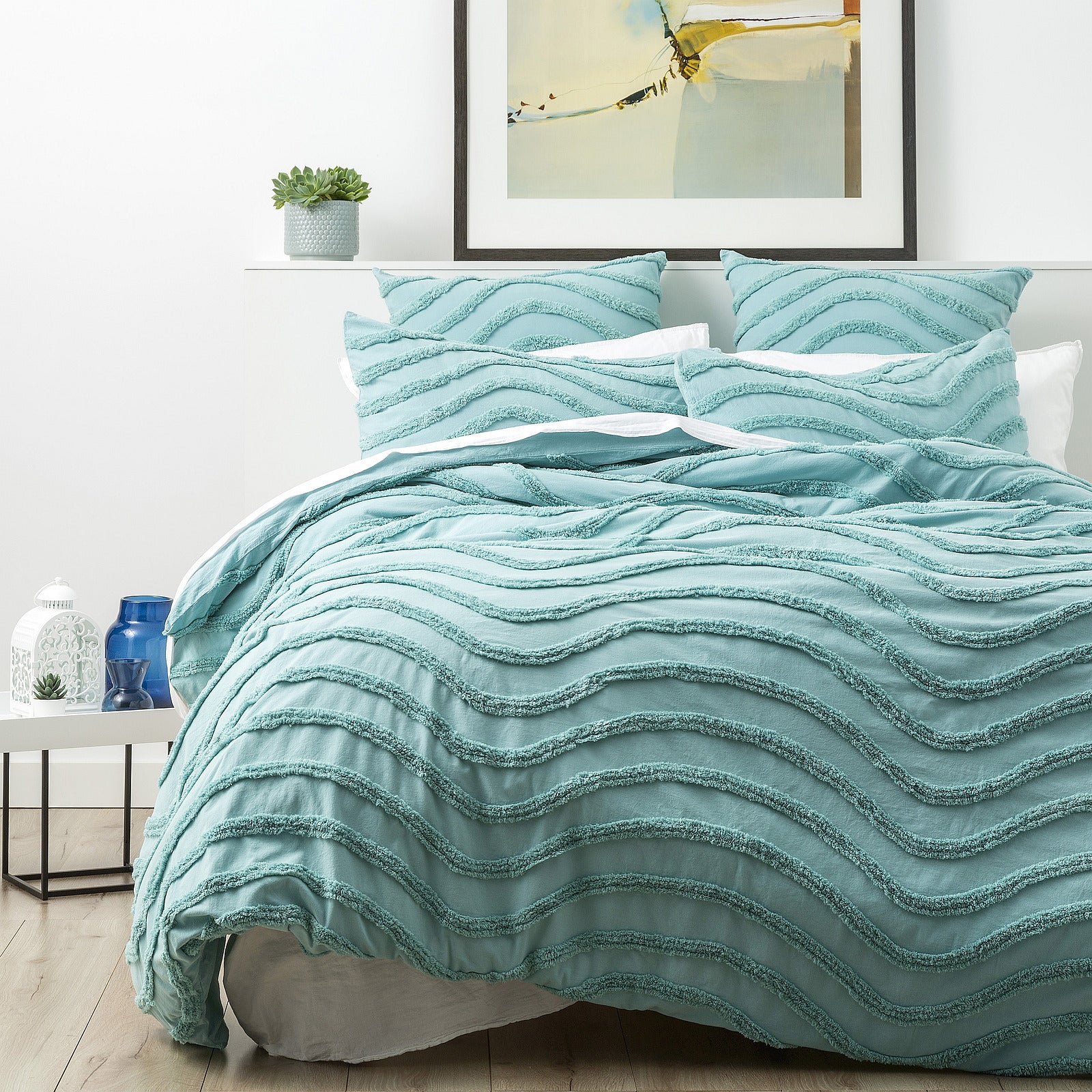 Chenille Wave 100% Cotton Vintage Washed Aqua Tufted Quilt Cover Set by Cloud Linen King