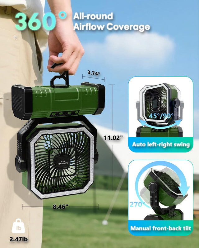 20000mAh Portable Camping Fan, Rechargeable Battery Operated Oscillating Camp Tent Fan W/Remote control, 4 Speeds, LED lights & 360° Rotation Hook for Outdoor RV Travel Green