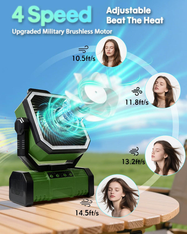 20000mAh Portable Camping Fan, Rechargeable Battery Operated Oscillating Camp Tent Fan W/Remote control, 4 Speeds, LED lights & 360° Rotation Hook for Outdoor RV Travel Green 3
