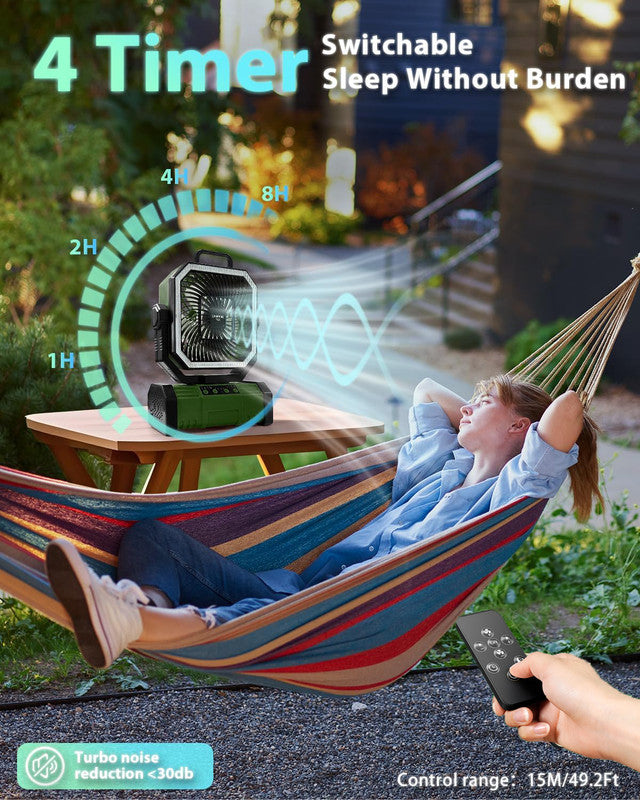 20000mAh Portable Camping Fan, Rechargeable Battery Operated Oscillating Camp Tent Fan W/Remote control, 4 Speeds, LED lights & 360° Rotation Hook for Outdoor RV Travel Green 7