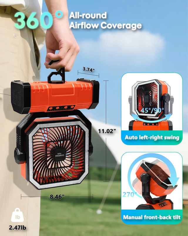 20000mAh Portable Camping Fan, Rechargeable Battery Operated Oscillating Camp Tent Fan W/Remote control, 4 Speeds, LED lights & 360° Rotation Hook for Outdoor RV Travel Orange 3