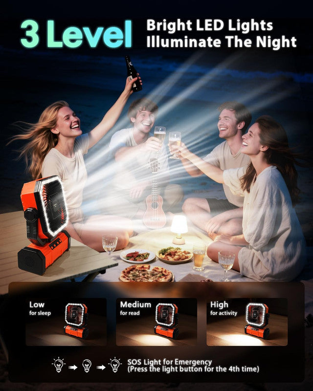 20000mAh Portable Camping Fan, Rechargeable Battery Operated Oscillating Camp Tent Fan W/Remote control, 4 Speeds, LED lights & 360° Rotation Hook for Outdoor RV Travel Orange 5