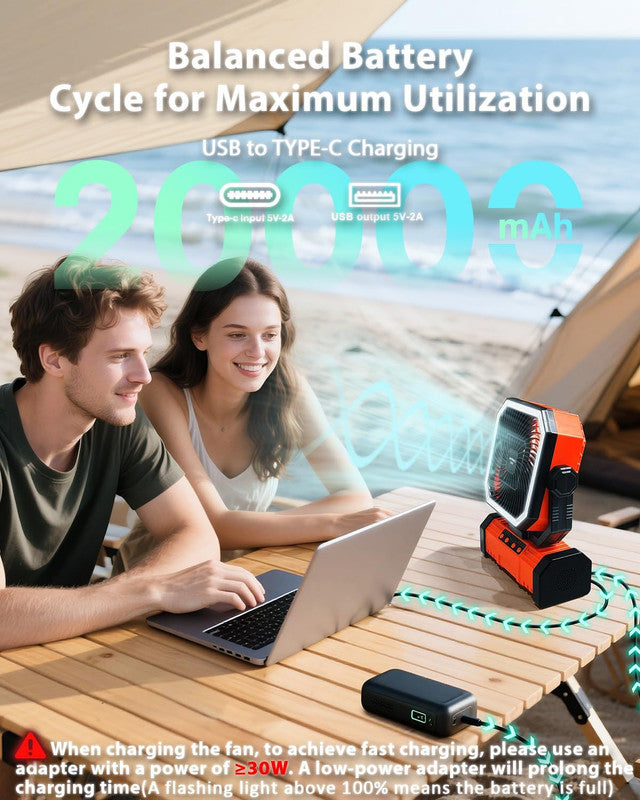 20000mAh Portable Camping Fan, Rechargeable Battery Operated Oscillating Camp Tent Fan W/Remote control, 4 Speeds, LED lights & 360° Rotation Hook for Outdoor RV Travel Orange 6