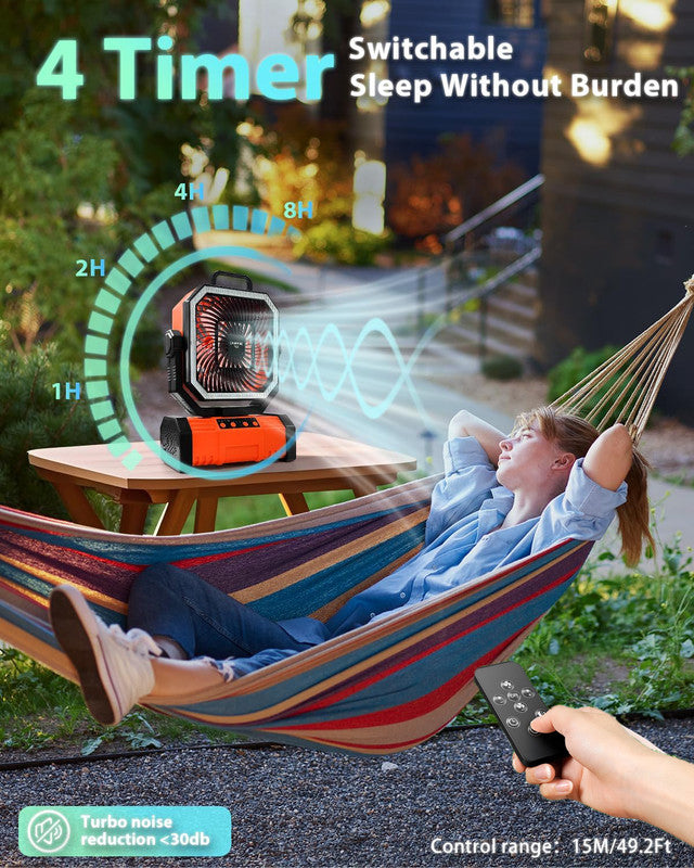 20000mAh Portable Camping Fan, Rechargeable Battery Operated Oscillating Camp Tent Fan W/Remote control, 4 Speeds, LED lights & 360° Rotation Hook for Outdoor RV Travel Orange 7