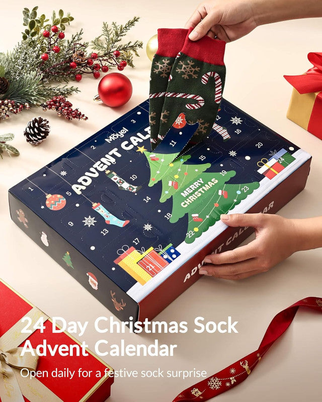 Advent Calendar 2025 Adult Men 24 Days of Christmas Cotton Socks US 7-13 Fun Christmas Sock Advent Calendar for Men Funny Gifts for Dad Boyfriend Husband Brother Random Socks Gift Box 7