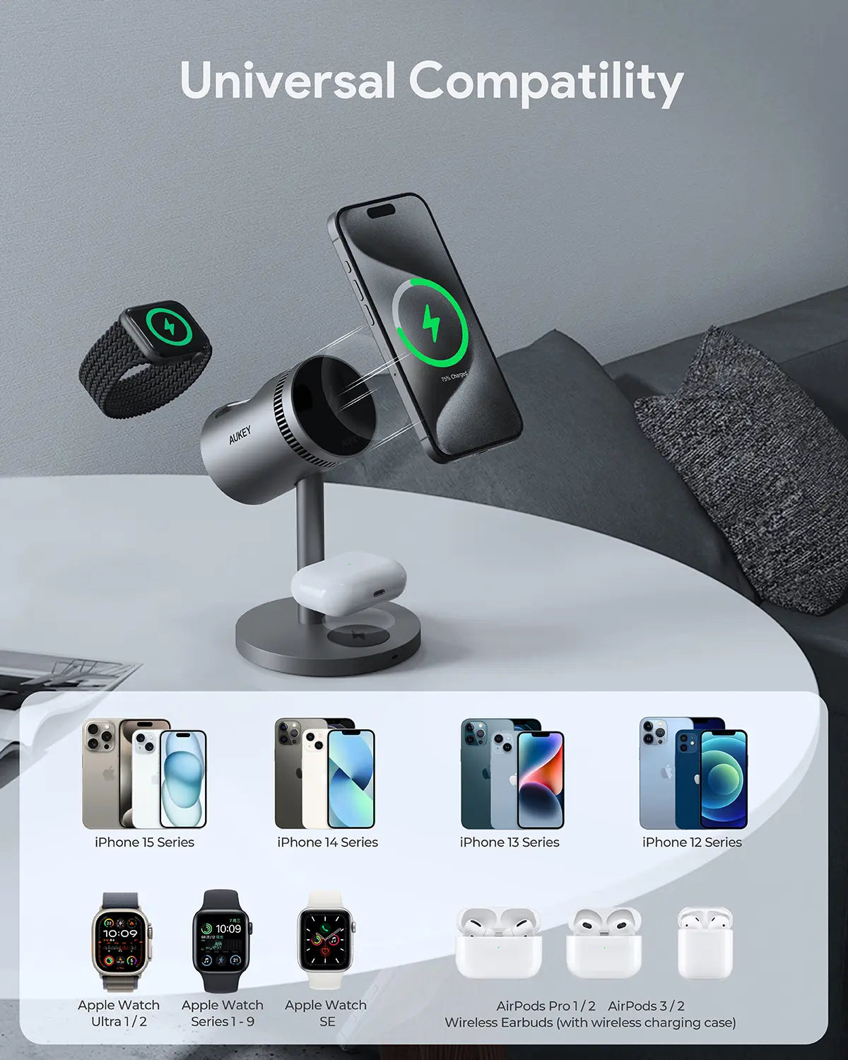 Aukey MagFusion 3-in-1 Pro Qi2 Magnetic Fast Wireless Charging Station with Active Cooling (LC-MC311A) 10