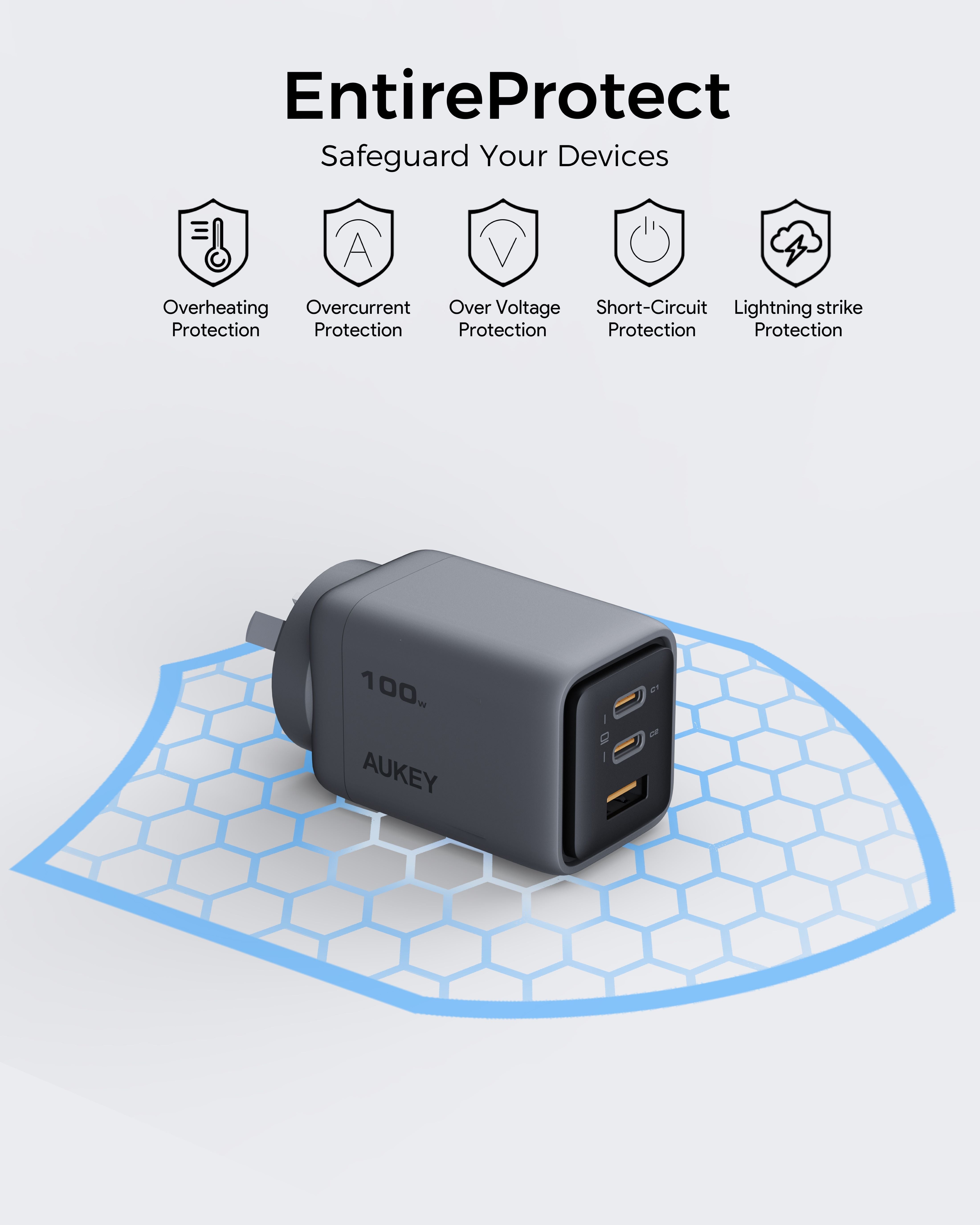 Aukey Comet 100W PD Fast Wall Charger GaN USB-C with 100W 1.8m USB-C to C Cable (PA-C5) 6