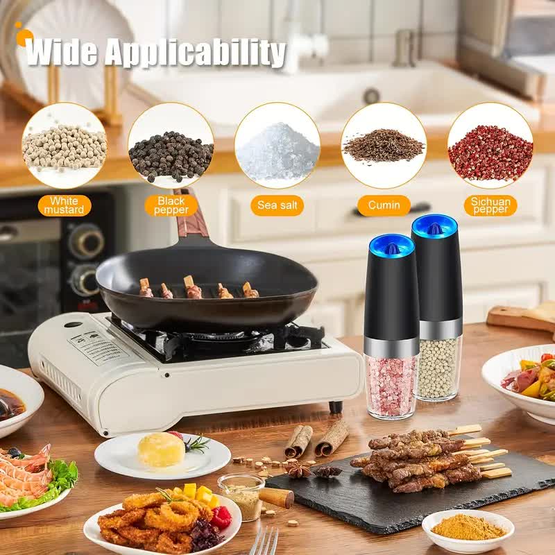 Gravity Electric Salt and Pepper Grinder Set, Battery Powered LED Light One Hand Automatic Operation, Adjustable Coarseness Mill Grinders Shakers Black, Kitchen Gadgets Gift Ideas