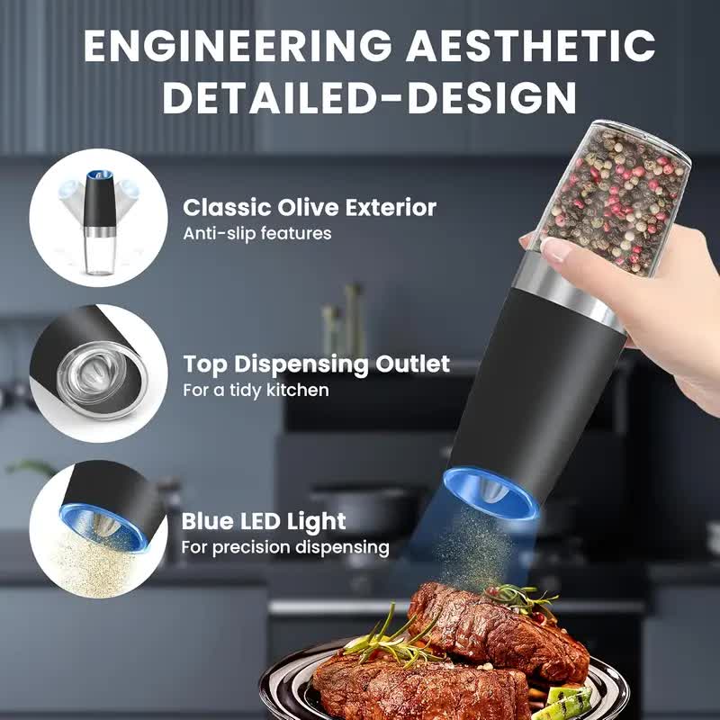 Gravity Electric Salt and Pepper Grinder Set, Battery Powered LED Light One Hand Automatic Operation, Adjustable Coarseness Mill Grinders Shakers Black, Kitchen Gadgets Gift Ideas 3