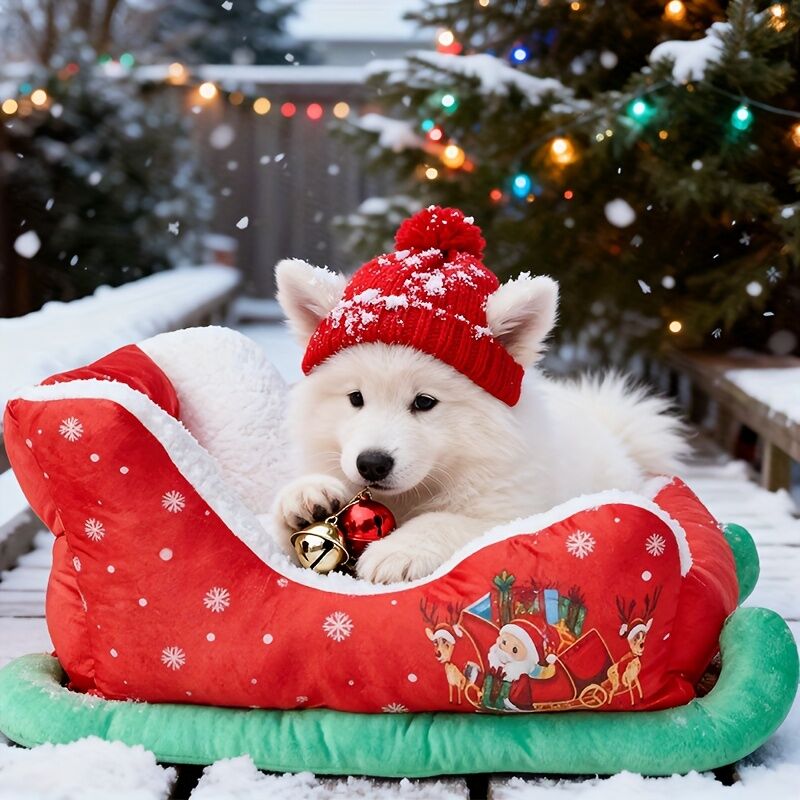 Christmas sled cat bed and dog house-winter warm pet bed, detachable and washable, without assembly, comfortable/outdoor pet sofa, suitable for cats and small dogs, snow house design. 9