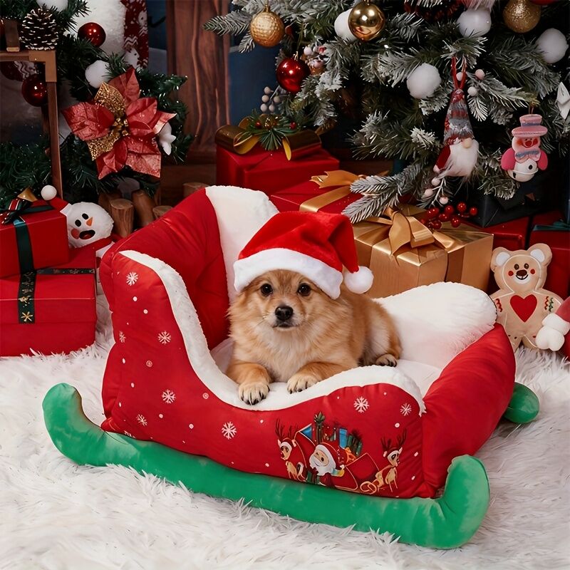 Christmas sled cat bed and dog house-winter warm pet bed, detachable and washable, without assembly, comfortable/outdoor pet sofa, suitable for cats and small dogs, snow house design. 10
