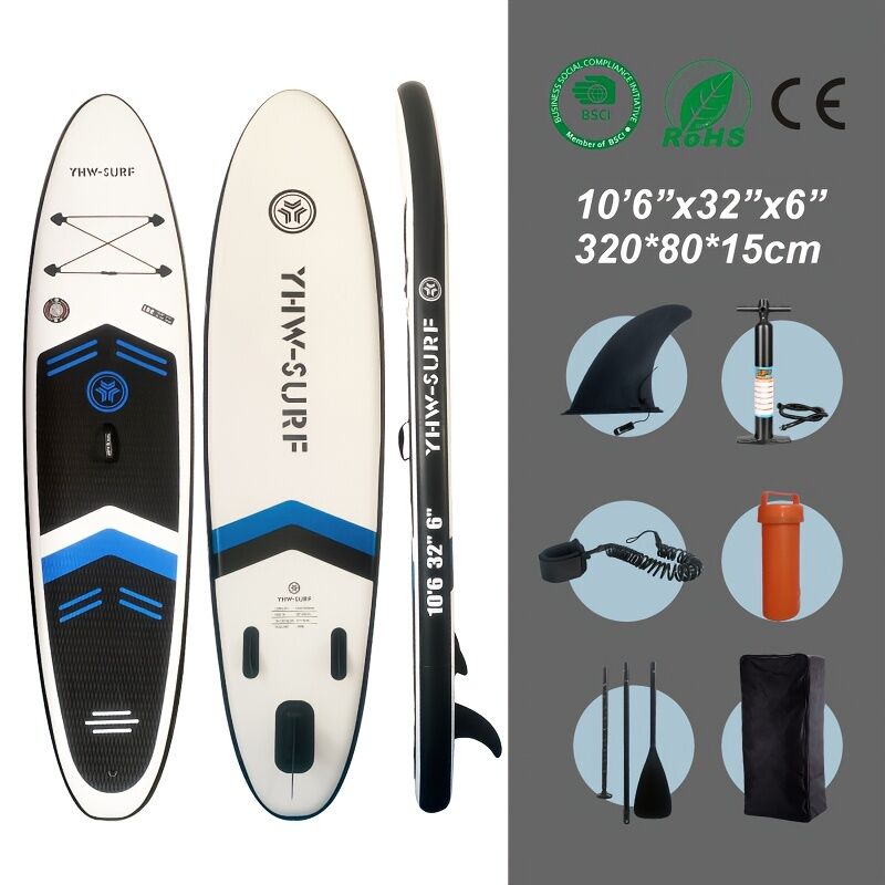 Inflatable vertical paddle set for water sports and surfing-including air pump, paddle, rope, backpack, fin box and maintenance tools. 5