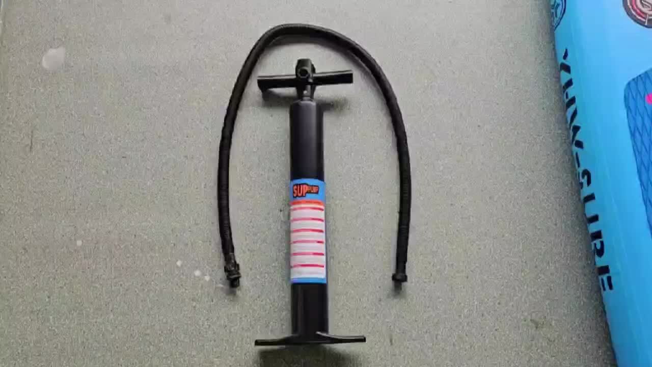 Inflatable vertical paddle set for water sports and surfing-including air pump, paddle, rope, backpack, fin box and maintenance tools. 6