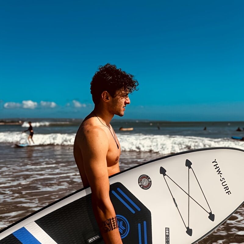 Inflatable vertical paddle set for water sports and surfing-including air pump, paddle, rope, backpack, fin box and maintenance tools. 8