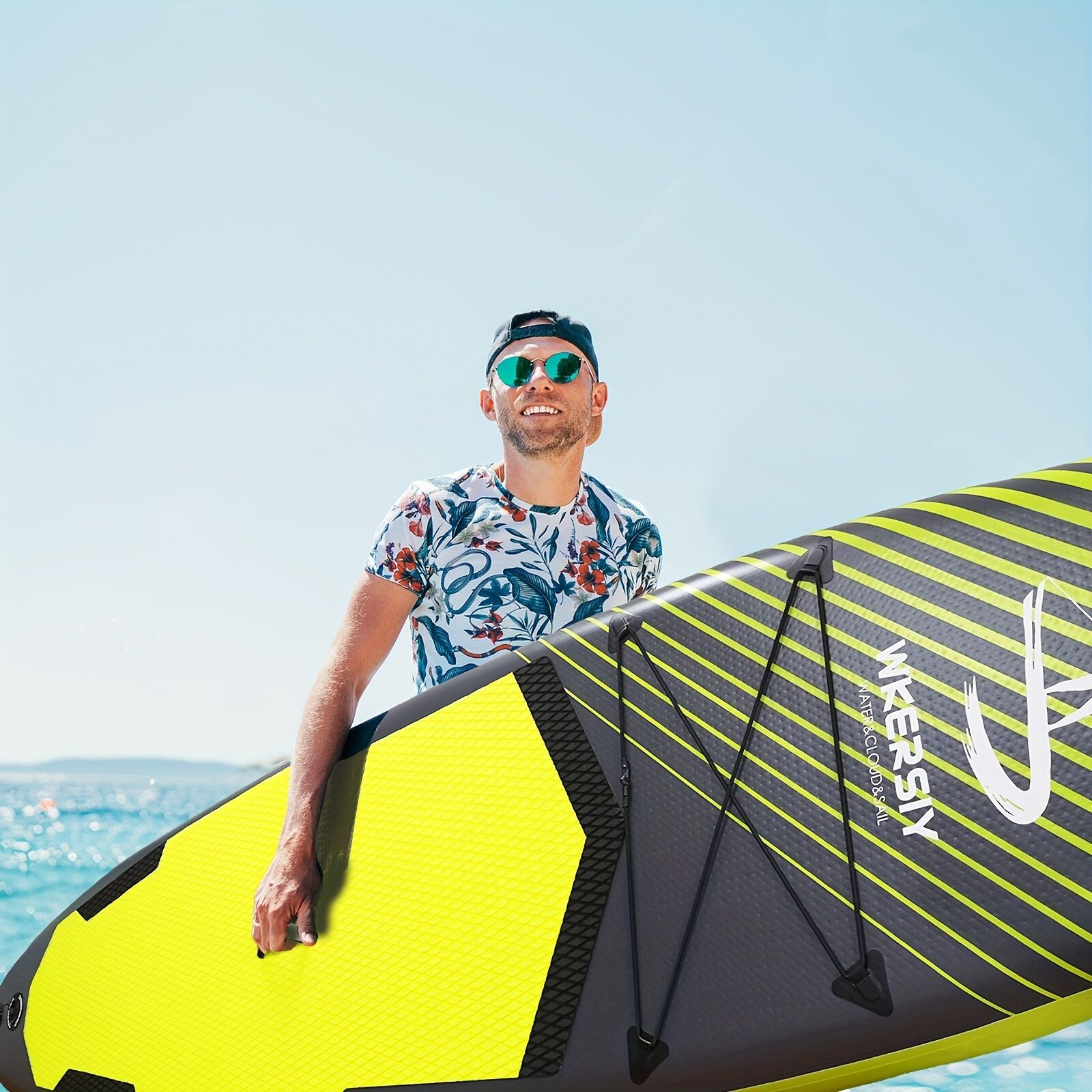 Inflatable vertical paddle set for water sports and surfing-including air pump, paddle, rope, backpack, fin box and maintenance tools. 6