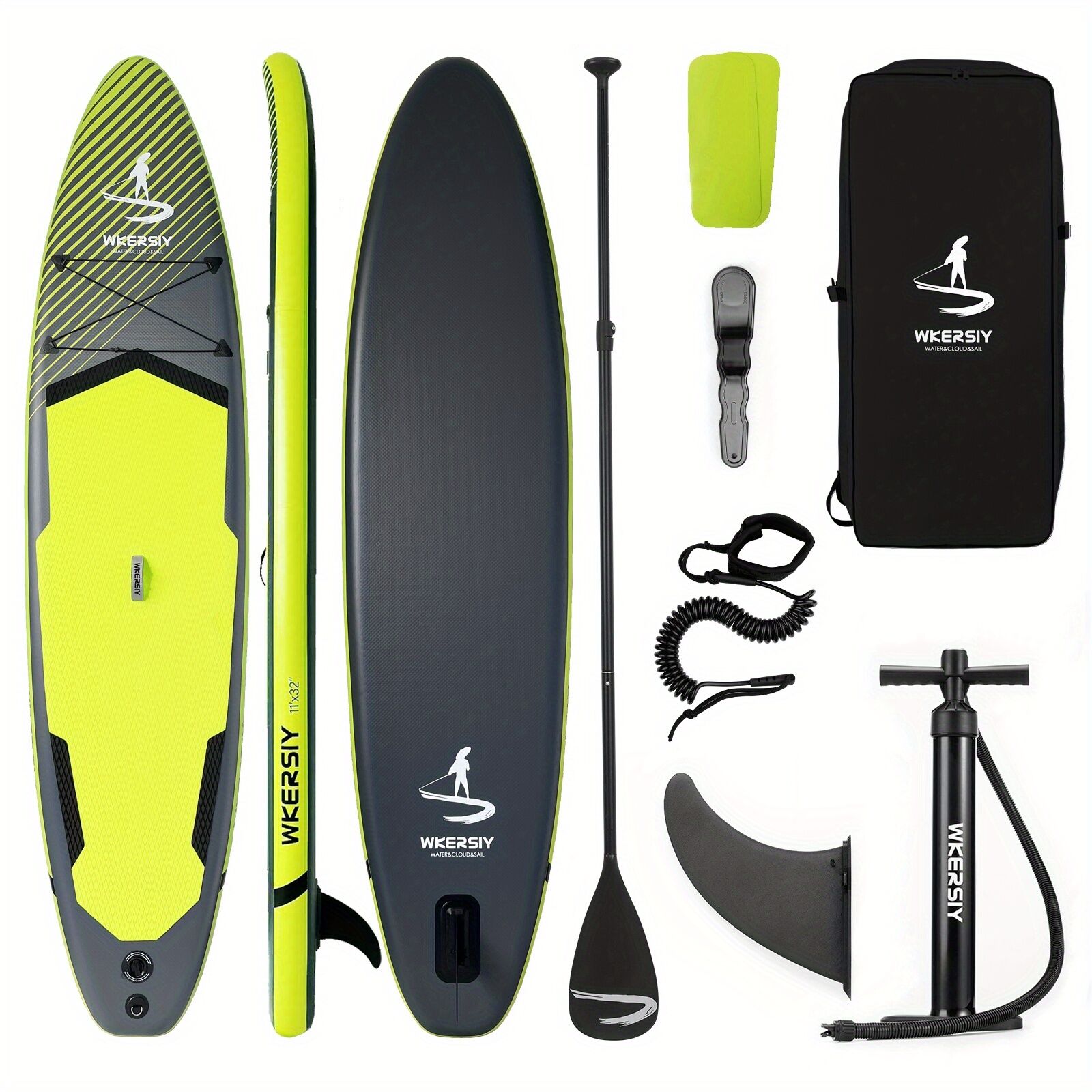 Inflatable vertical paddle set for water sports and surfing-including air pump, paddle, rope, backpack, fin box and maintenance tools. 7