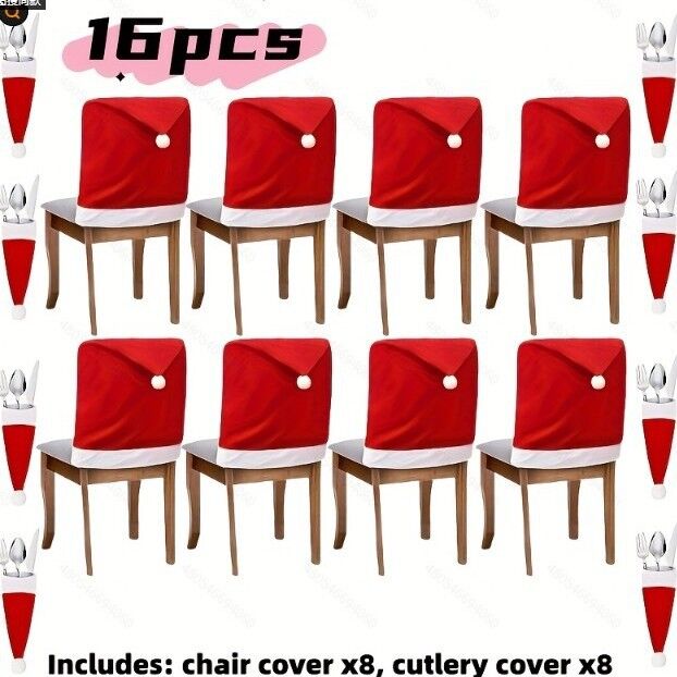 16-piece Christmas chair set-holiday red Christmas hat pattern