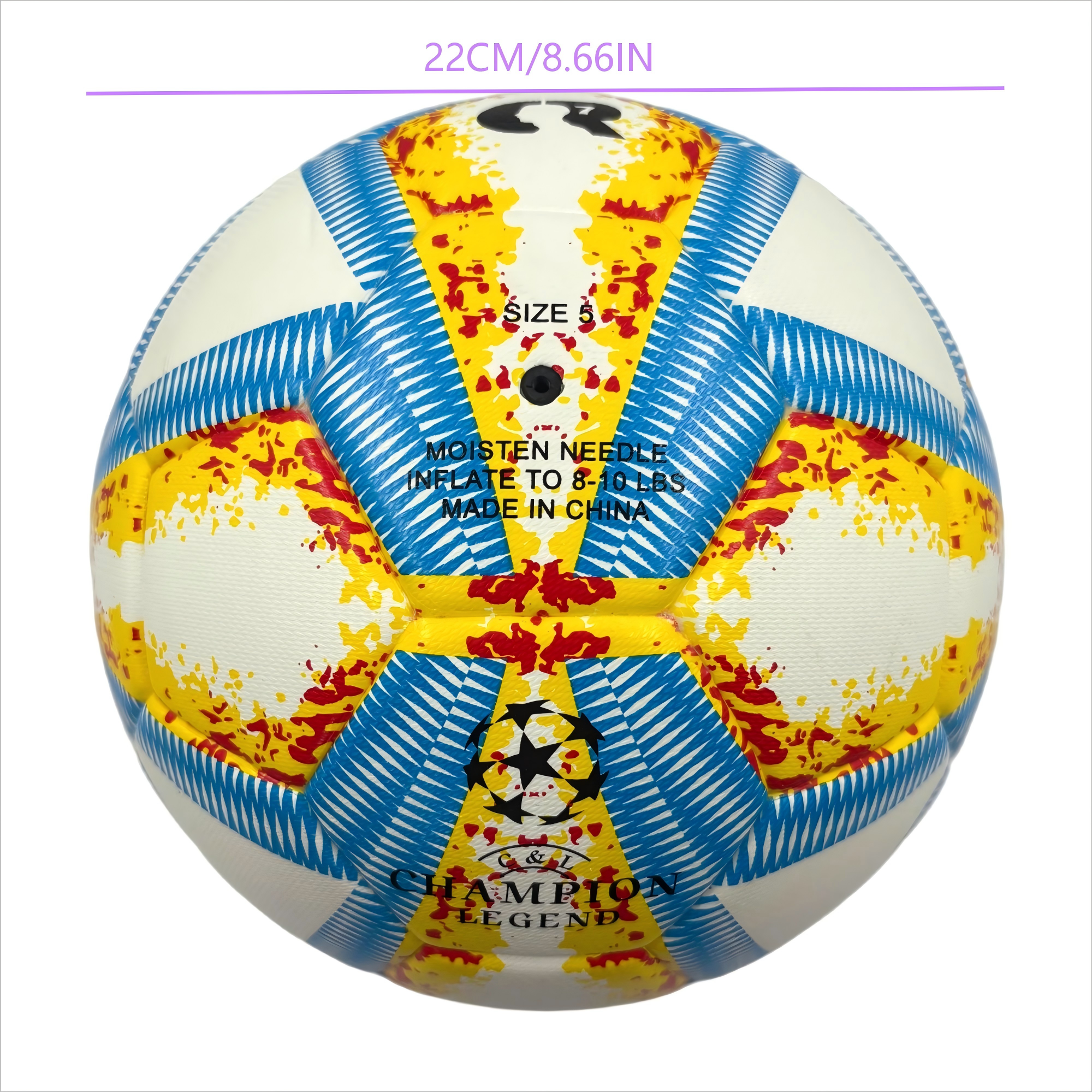 A yellow, blue and red football with color matching size5, PU fitting material, Christmas Boxing Day gift, including pump+air needle+net bag set,soccer 3