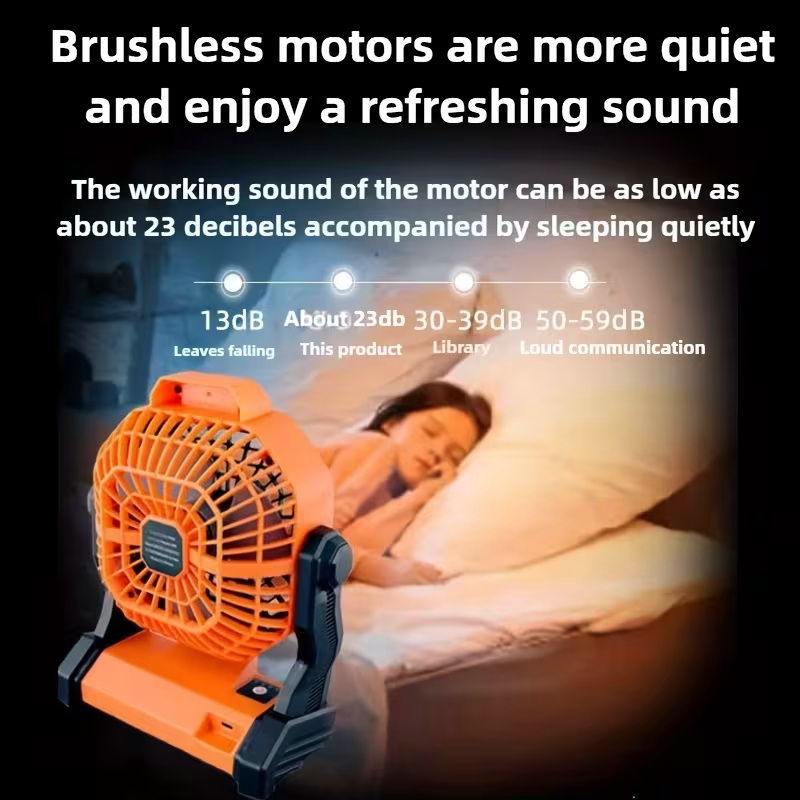 A portable outdoor camping fan with adjustable brightness, LED light strip hook
