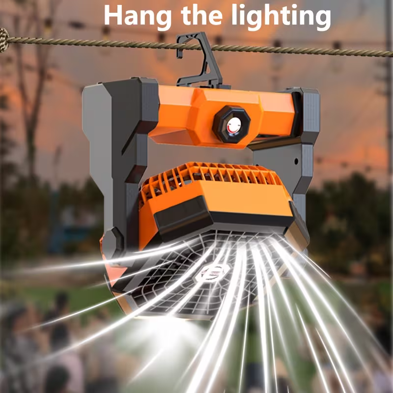 A portable outdoor camping fan with adjustable brightness, LED light strip hook 3