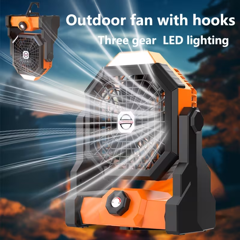 A portable outdoor camping fan with adjustable brightness, LED light strip hook 4