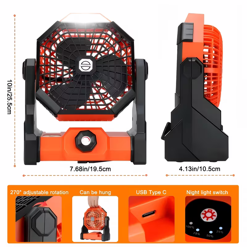 A portable outdoor camping fan with adjustable brightness, LED light strip hook 5