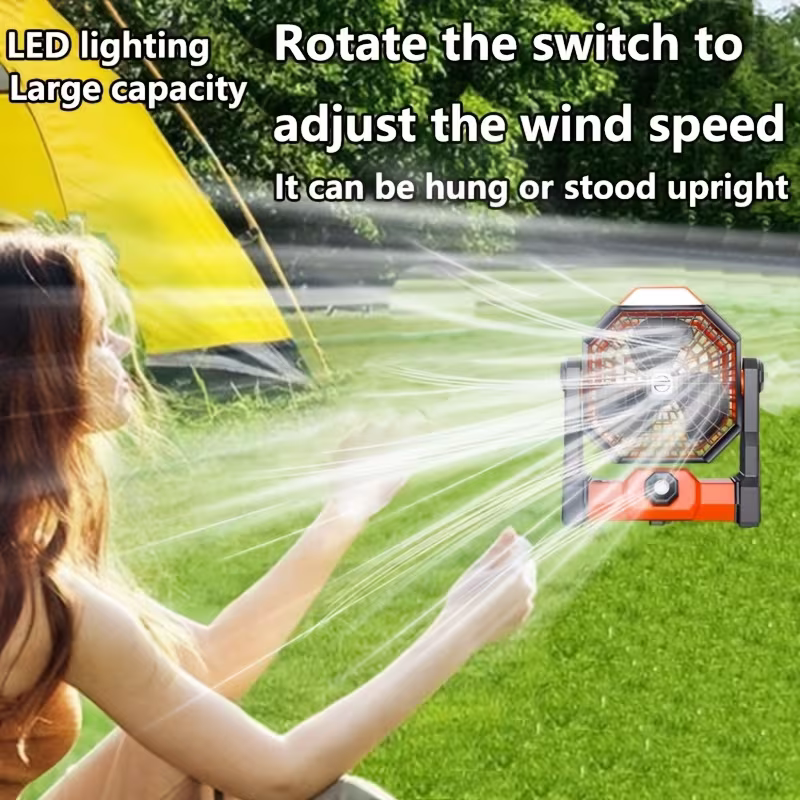 A portable outdoor camping fan with adjustable brightness, LED light strip hook 8