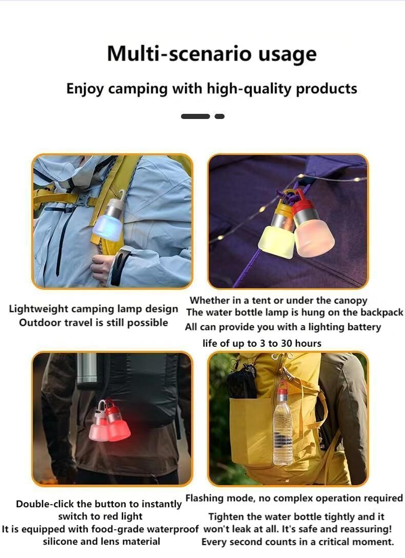 Two random color (green - yellow - white - red) outdoor camping lights, convenient for hiking, multi-scenario water bottle lights, ambient lights, suspended hanging lights with focused light 3