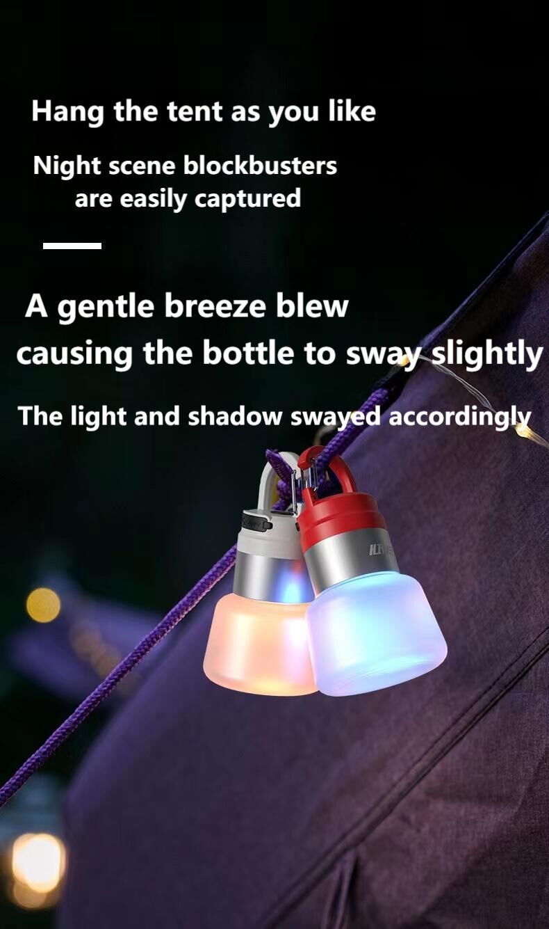 Two random color (green - yellow - white - red) outdoor camping lights, convenient for hiking, multi-scenario water bottle lights, ambient lights, suspended hanging lights with focused light 4