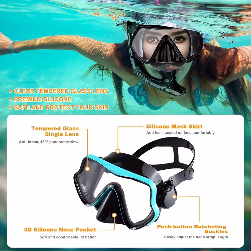 Snorkeling mask breathing tube set, large frame silicone mask, leak-proof and anti-fog snorkeling mask, swimming goggles for men and women 3