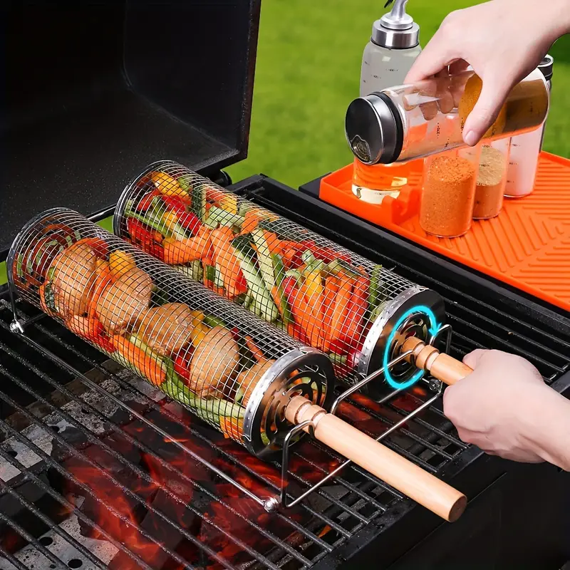 2-Pack Stainless Steel Rotating Grill Baskets with Removable Wooden Handle – Durable 304 Mesh for Veggies, Prawns & More – Perfect for BBQ, Camping & Outdoor Cooking, Great Gift for Dad or Husband 3