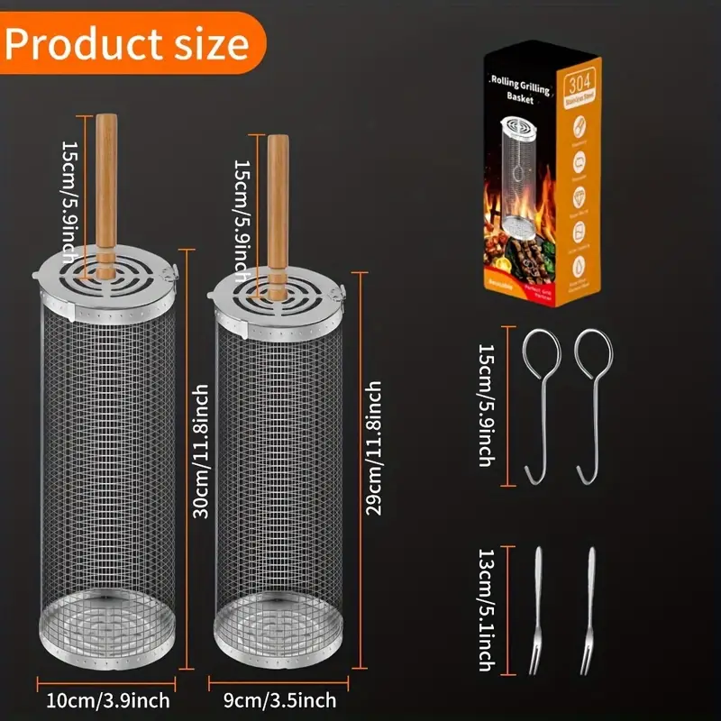 2-Pack Stainless Steel Rotating Grill Baskets with Removable Wooden Handle – Durable 304 Mesh for Veggies, Prawns & More – Perfect for BBQ, Camping & Outdoor Cooking, Great Gift for Dad or Husband 4
