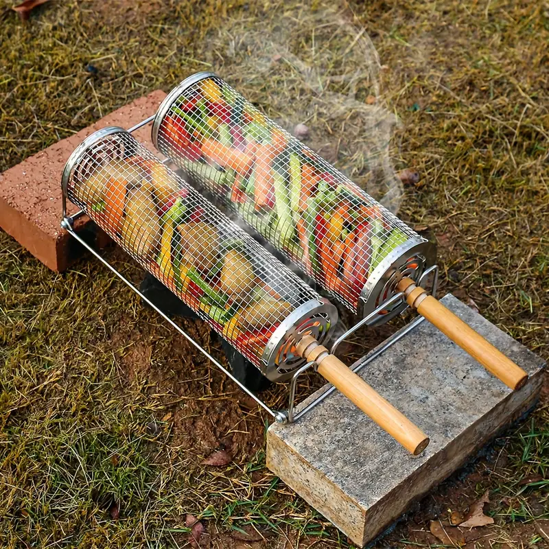 2-Pack Stainless Steel Rotating Grill Baskets with Removable Wooden Handle – Durable 304 Mesh for Veggies, Prawns & More – Perfect for BBQ, Camping & Outdoor Cooking, Great Gift for Dad or Husband 6
