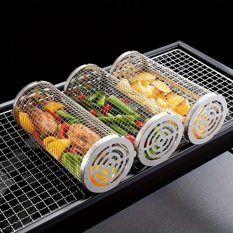 2-Pack Stainless Steel Rotating Grill Baskets with Removable Wooden Handle – Durable 304 Mesh for Veggies, Prawns & More – Perfect for BBQ, Camping & Outdoor Cooking, Great Gift for Dad or Husband 7
