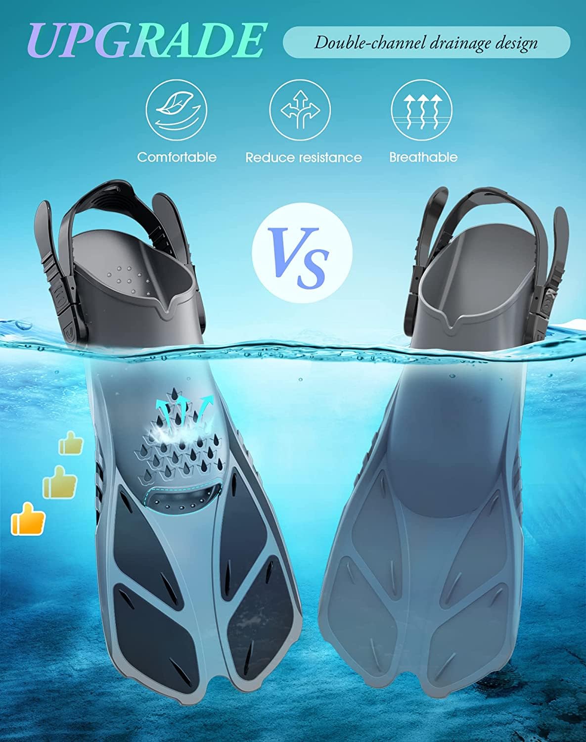 Gray Adjustable Open Heel Snorkel Fins, Travel-Size Short Swim Flippers for Snorkeling, Diving & Swimming, Adult Men & Women（L/XL） 4