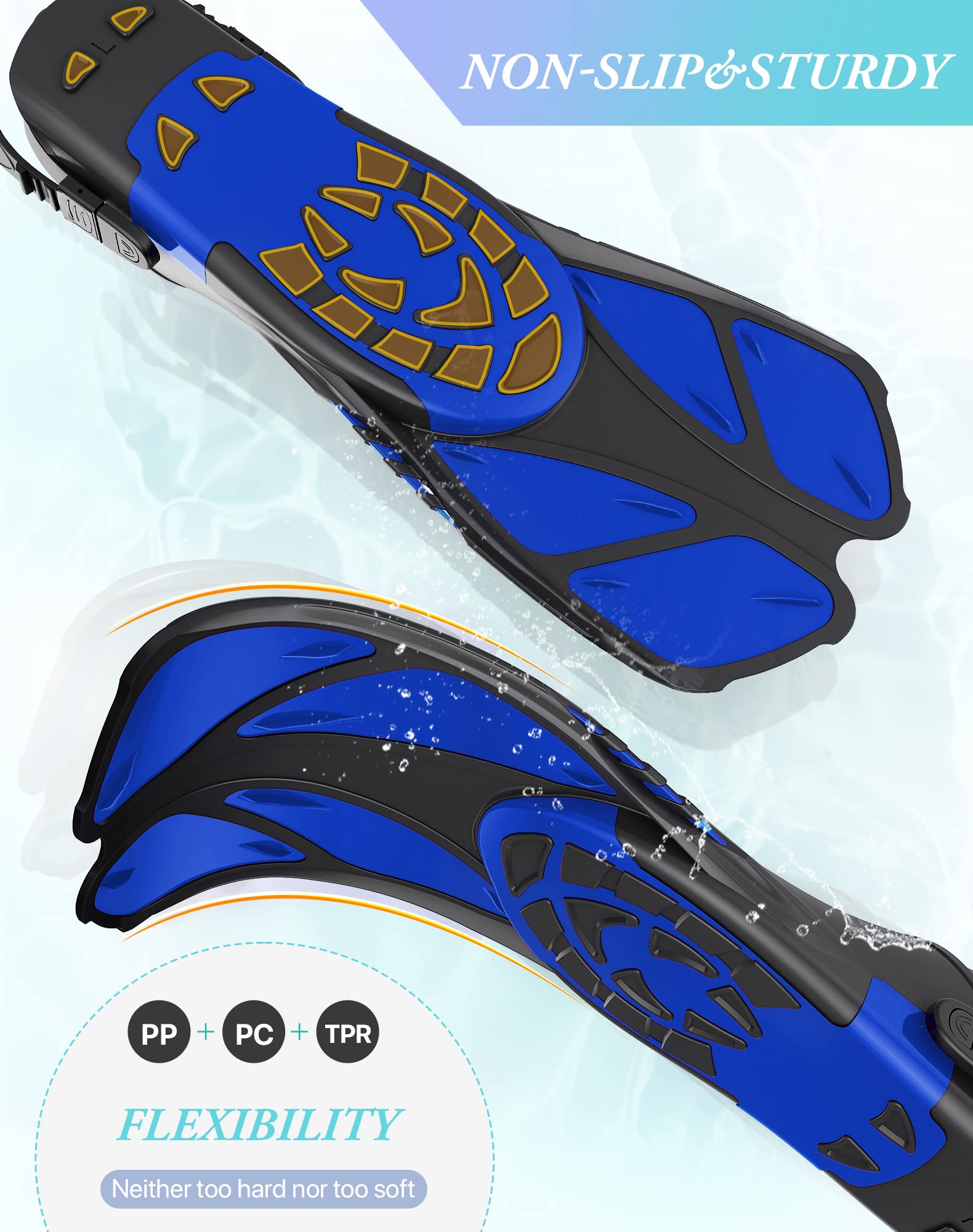 Blue Adjustable Open Heel Snorkel Fins, Travel-Size Short Swim Flippers for Snorkeling, Diving & Swimming, Adult Men & Women（L/XL） 4