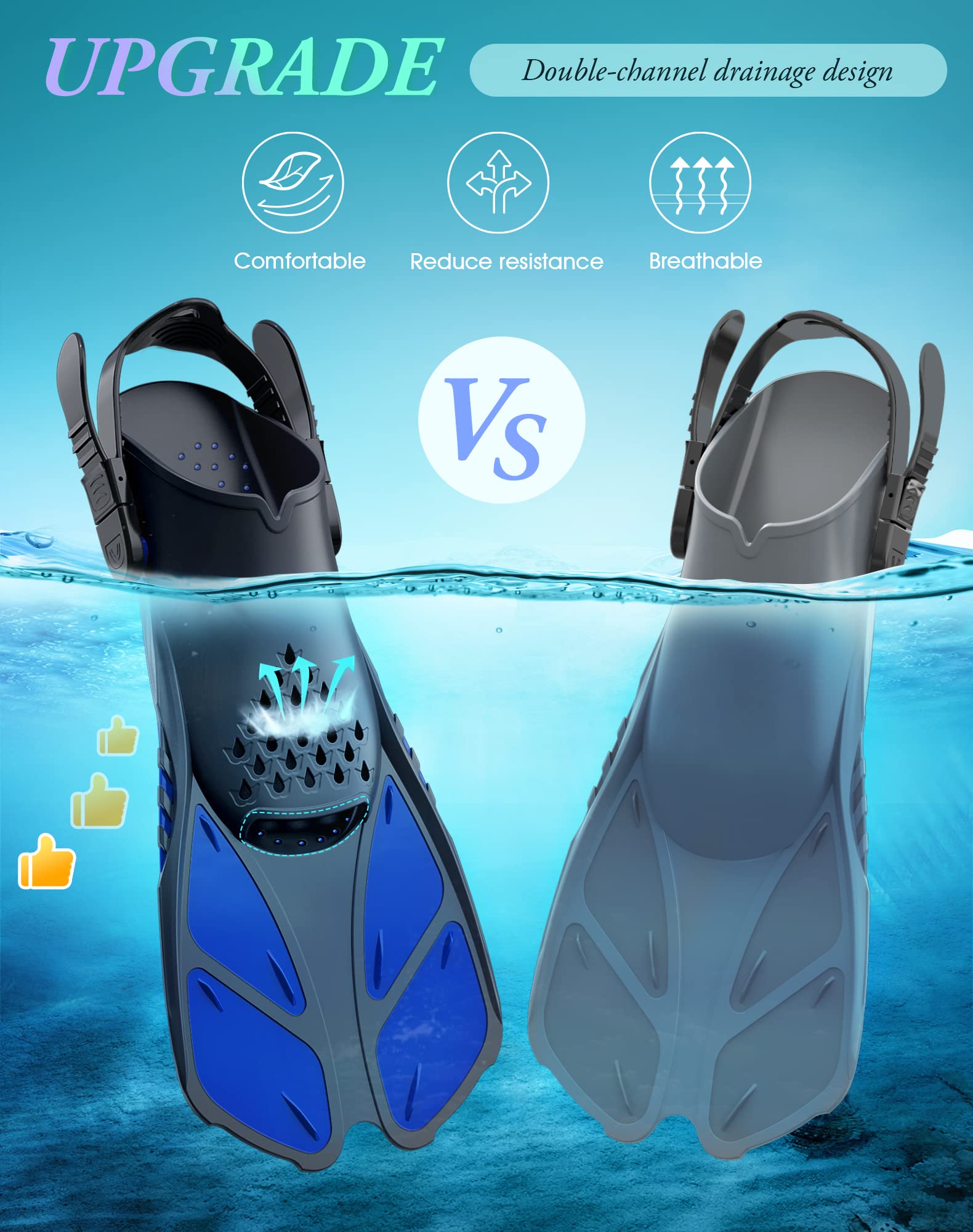 Blue Adjustable Open Heel Snorkel Fins, Travel-Size Short Swim Flippers for Snorkeling, Diving & Swimming, Adult Men & Women（L/XL） 5