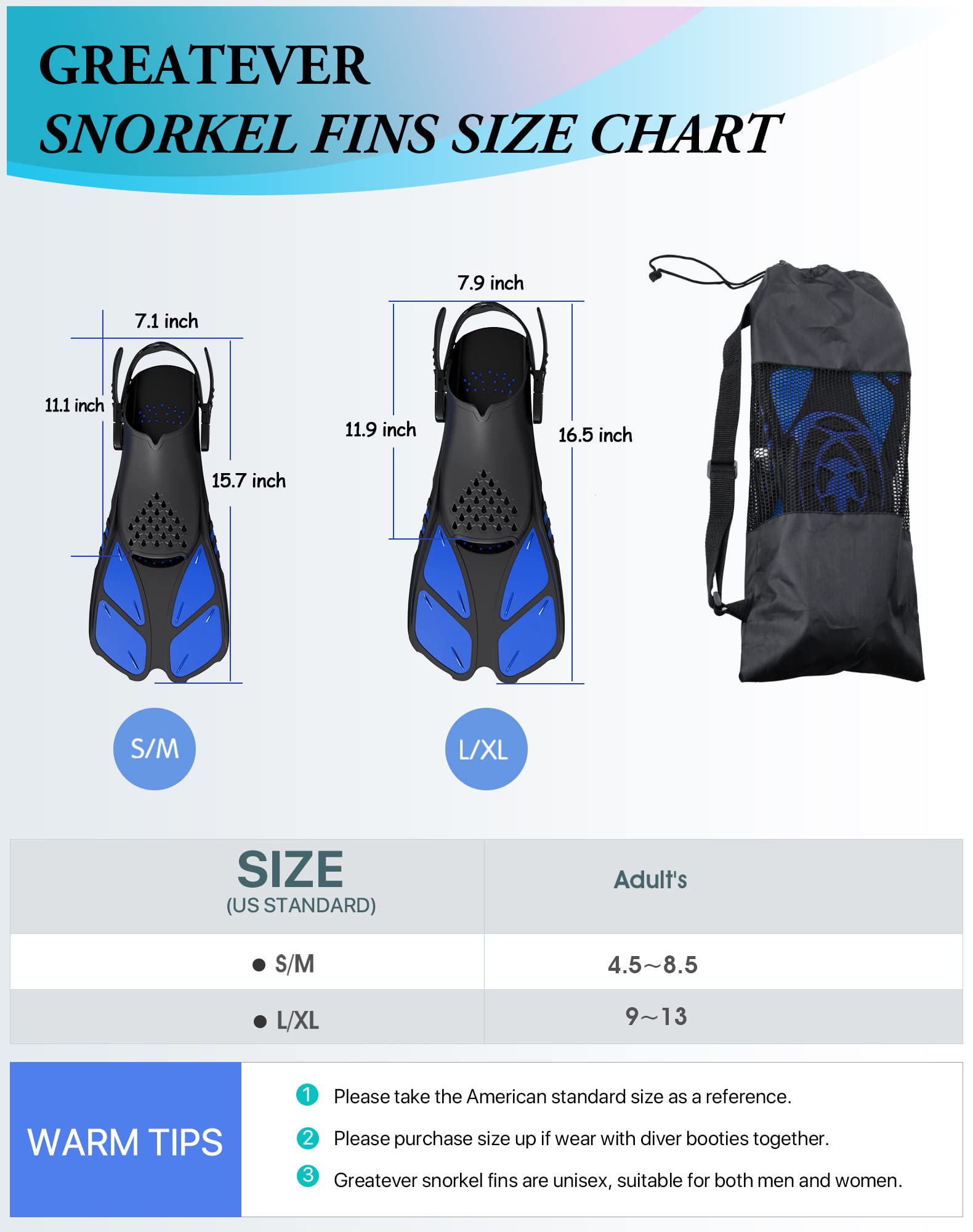 Blue Adjustable Open Heel Snorkel Fins, Travel-Size Short Swim Flippers for Snorkeling, Diving & Swimming, Adult Men & Women（L/XL） 6